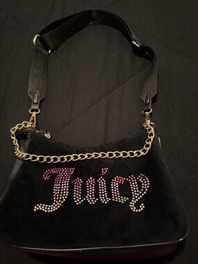 Juicy Couture Black Velvet Shoulder Bag with Pink Crystal Logo & Gold Chain